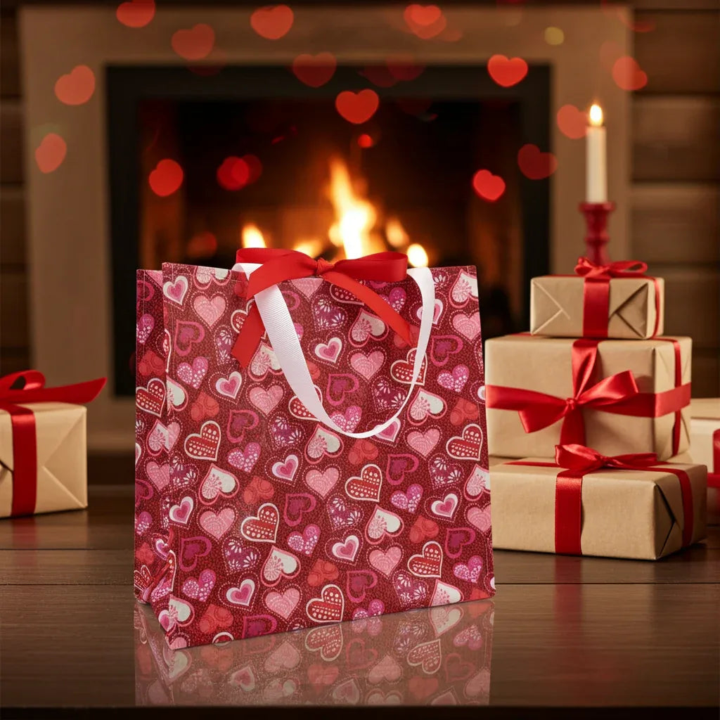 Small Fabric Gift Bag, Valentine's Day Glitter Hearts, dark