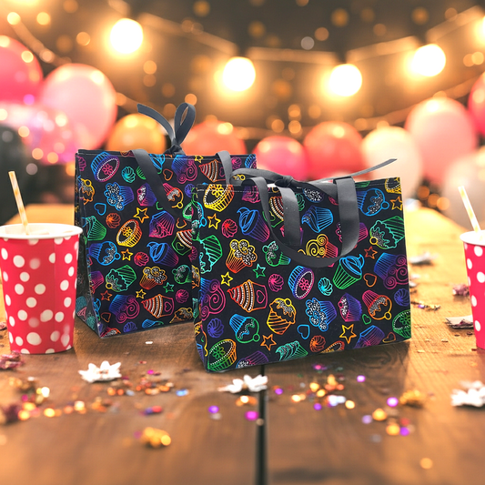Small Reusable Fabric Birthday Gift Bag with Ribbon tie and handles, Neon Cupcakes