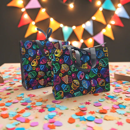 Small Fabric Birthday Gift Bag, Neon Cupcakes