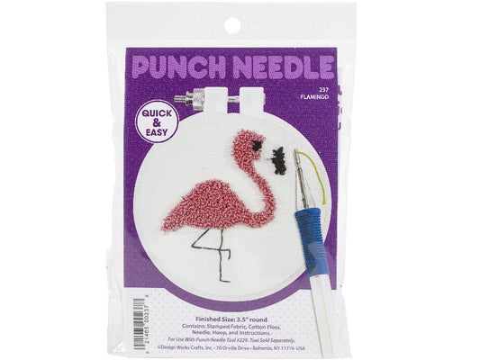 Punch needle craft kit with flamingo design on a purple packaging
