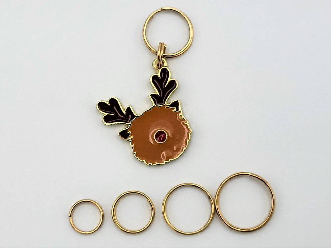 Fuzzy Reindeer Stitch Markers | Enamel Charm Stitch Markers 3pc