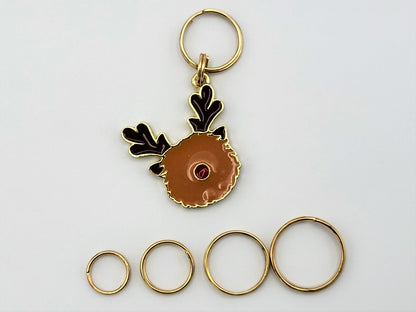 Fuzzy Reindeer Stitch Markers | Enamel Charm Stitch Markers 3pc