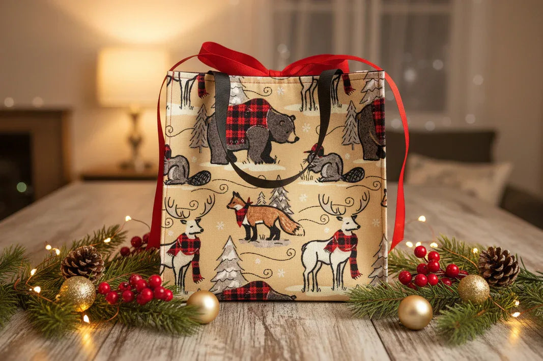 Holiday Fabric Gift Bag on rustic table with pine branches