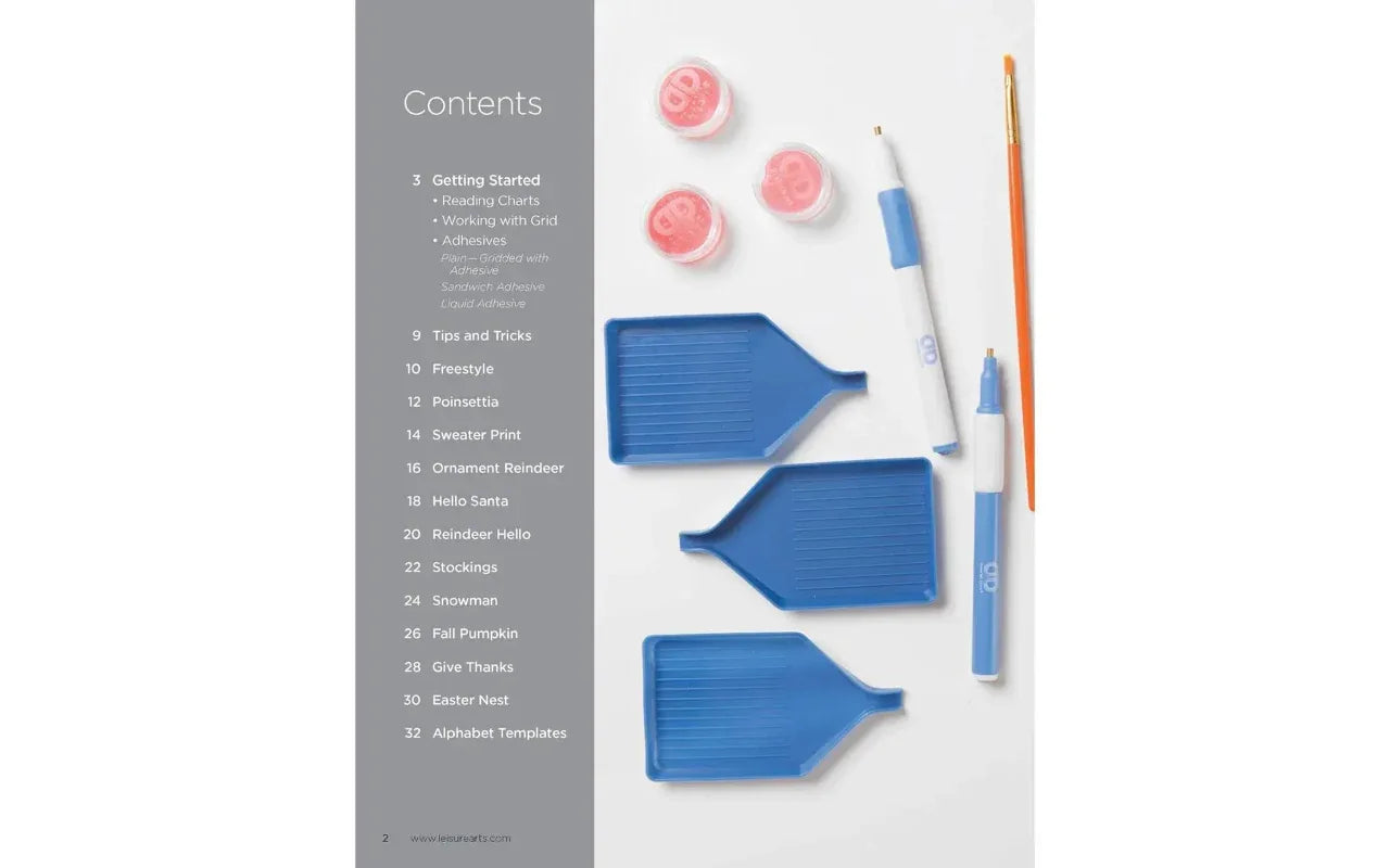 Blue tools and pink items on a white surface with a list of contents on the left.