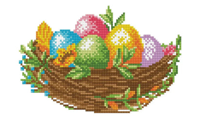 Cross-stitched pattern of a basket with Easter eggs and flowers on a white background