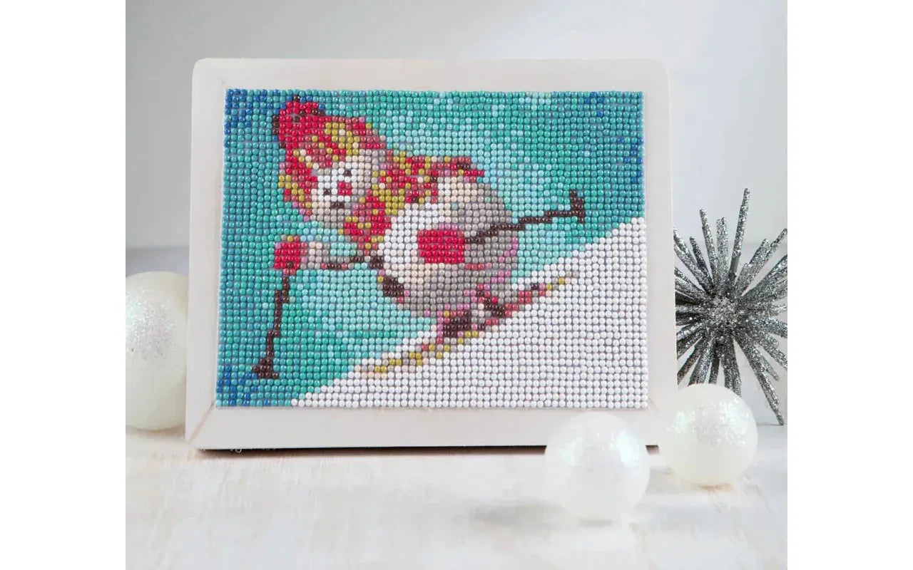 Cross-stitched picture of a clown on skis with sequin embellishments, displayed against a white background.