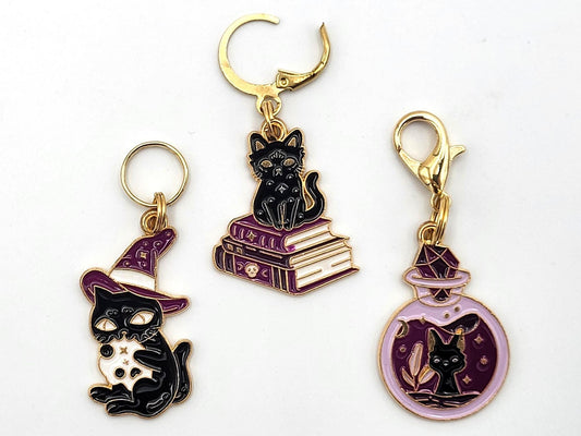 Witchy Black Cat Stitch Markers for Knitting, 3 pc | crochet progress keeper, project bag charms, knitting accessory