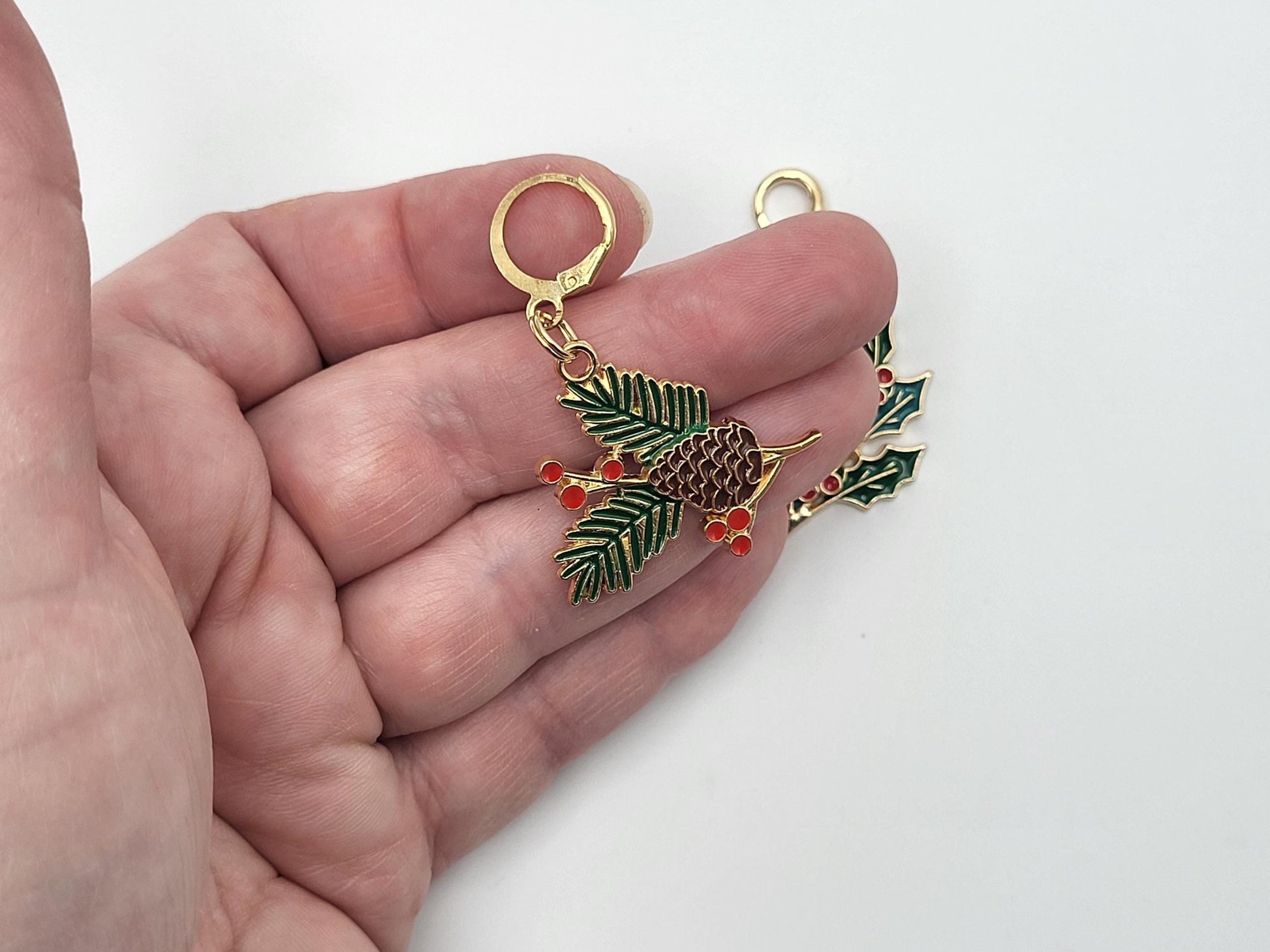 Holiday Stitch Markers for knitting 2pc Pinecone and Holly | Crochet stitch marker, progress keeper, crochet accessory, knitting marker