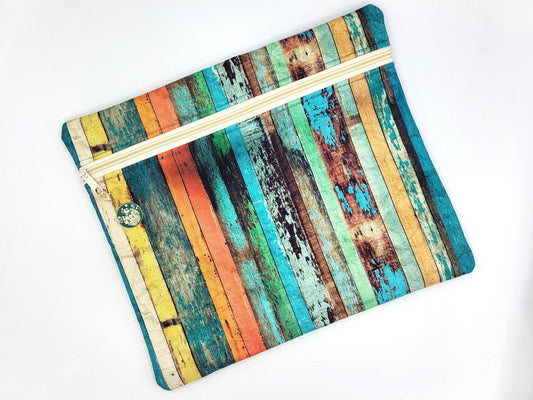 Project bag for cross stitch, 12.50x11" medium size, colorful distressed wood | pouch for embroidery projects and sewing notions storage
