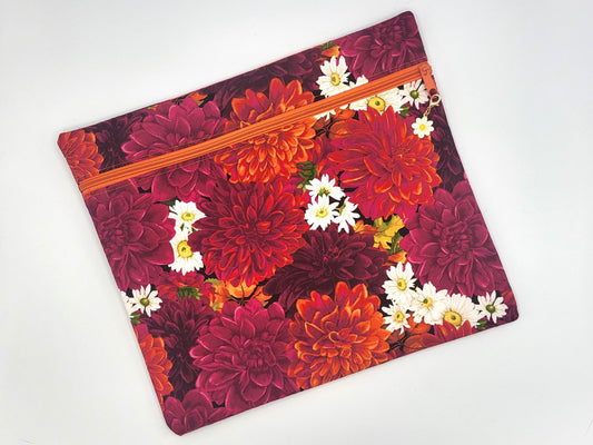 Project bag for cross stitch, 12.75x11.5" medium size, floral mums and daisies | pouch for embroidery projects and sewing notions storage