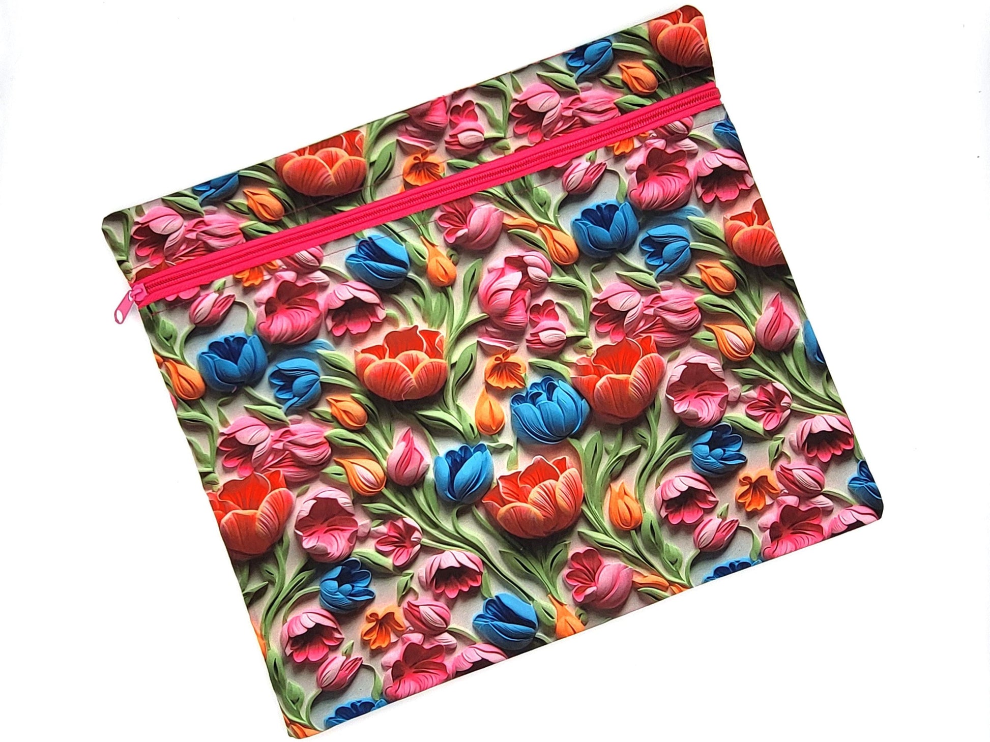 Project bag for cross stitch, 14.5x12.75" medium size, 3d Tulips print | pouch for embroidery projects and sewing notions storage