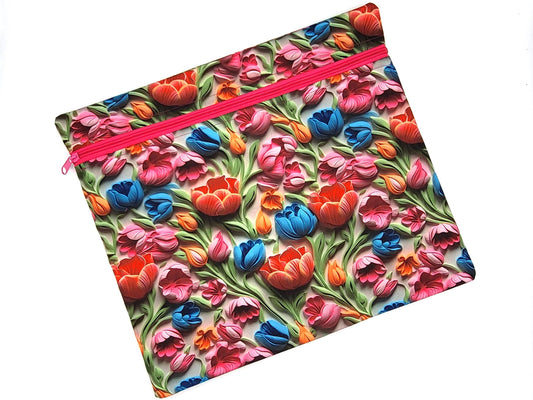 Project bag for cross stitch, 14.5x12.75" medium size, 3d Tulips print | pouch for embroidery projects and sewing notions storage