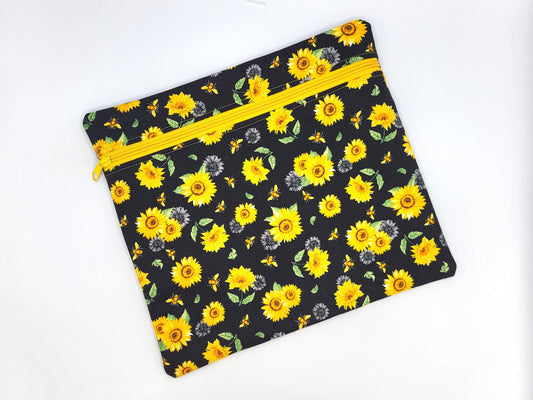 Sunflower and Bee Floral Print Project Bag for Cross Stitch, Embroidery, and Sewing Notions Storage | 12.50x11" medium