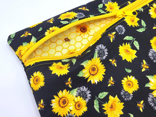 Sunflower and Bee Floral Print Project Bag for Cross Stitch, Embroidery, and Sewing Notions Storage | 12.50x11" medium