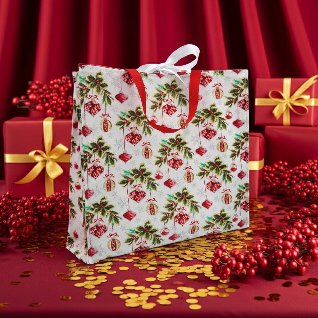 Holiday Reusable Gift Bag with Ribbon ties and handles, White Red ornaments - 10.5x10.75x5"