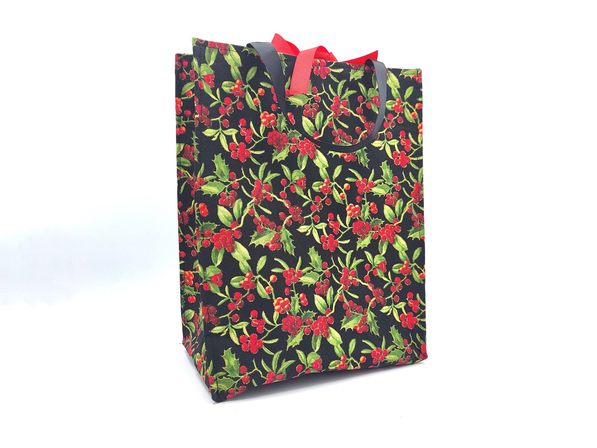 Handmade Holiday Fabric Gift Bag with Ribbon ties and handles, 8x10.5x5" - Black Red Holly Berries