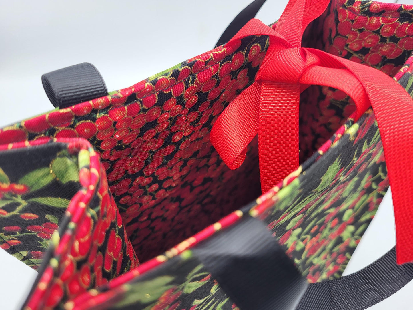 Handmade Holiday Fabric Gift Bag with Ribbon ties and handles, 8x10.5x5" - Black Red Holly Berries