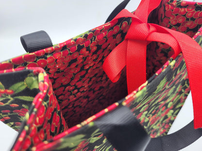 Handmade Holiday Fabric Gift Bag with Ribbon ties and handles, 8x10.5x5" - Black Red Holly Berries
