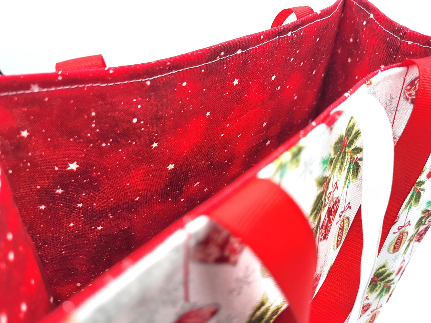 Holiday Reusable Gift Bag with Ribbon ties and handles, White Red ornaments - 10.5x10.75x5"