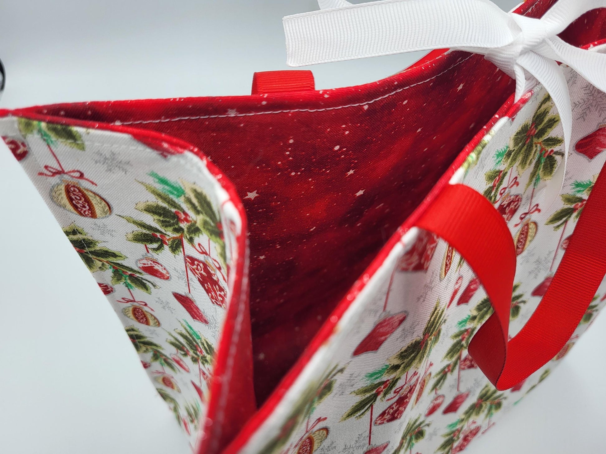 Holiday Reusable Gift Bag with Ribbon ties and handles, White Red ornaments - 10.5x10.75x5"