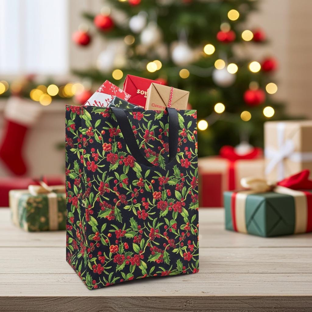 Handmade Holiday Fabric Gift Bag with Ribbon ties and handles, 8x10.5x5" - Black Red Holly Berries