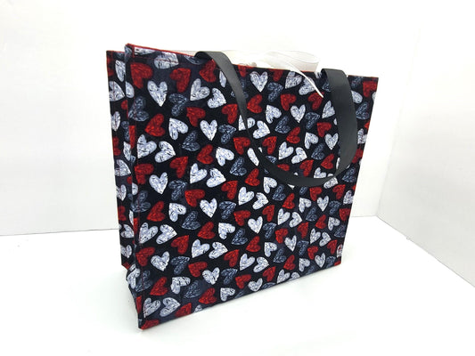 Small Reusable Fabric Valentine's Day Gift Bag with Ribbon tie and handles, Distressed Hearts