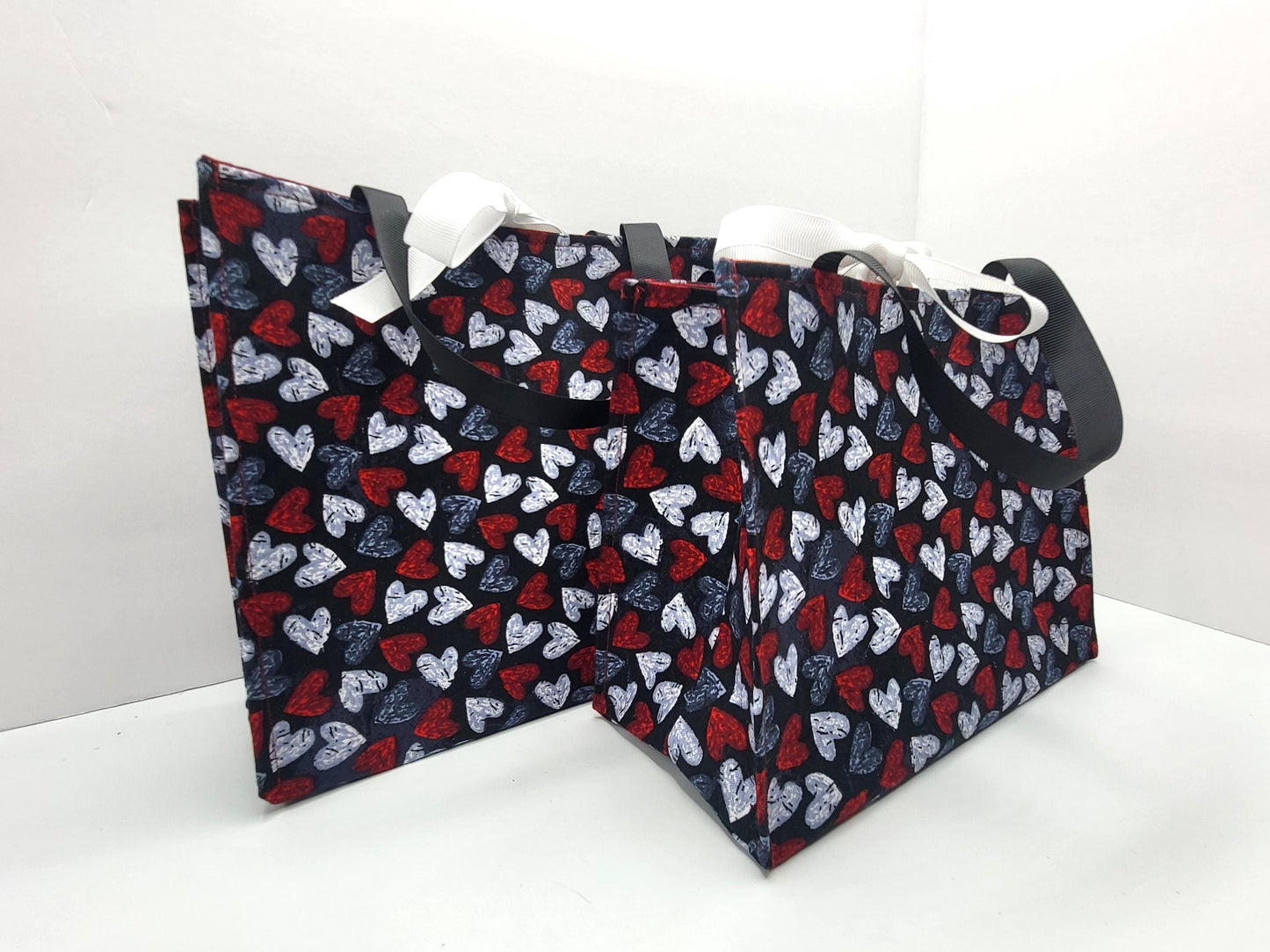 Small Reusable Fabric Valentine's Day Gift Bag with Ribbon tie and handles, Distressed Hearts