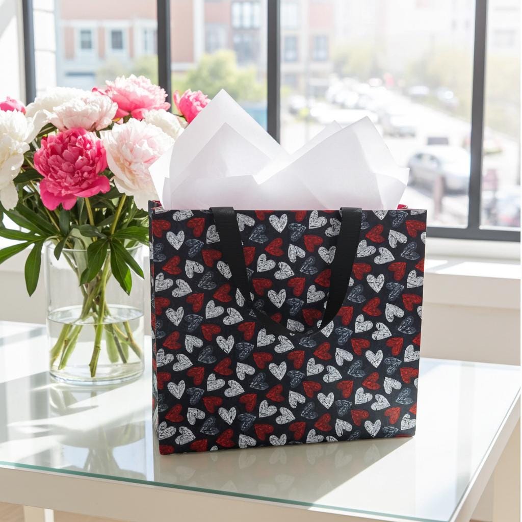 Small Reusable Fabric Valentine's Day Gift Bag with Ribbon tie and handles, Distressed Hearts