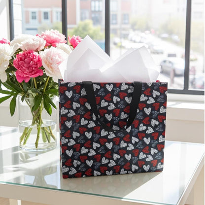 Small Reusable Fabric Valentine's Day Gift Bag with Ribbon tie and handles, Distressed Hearts