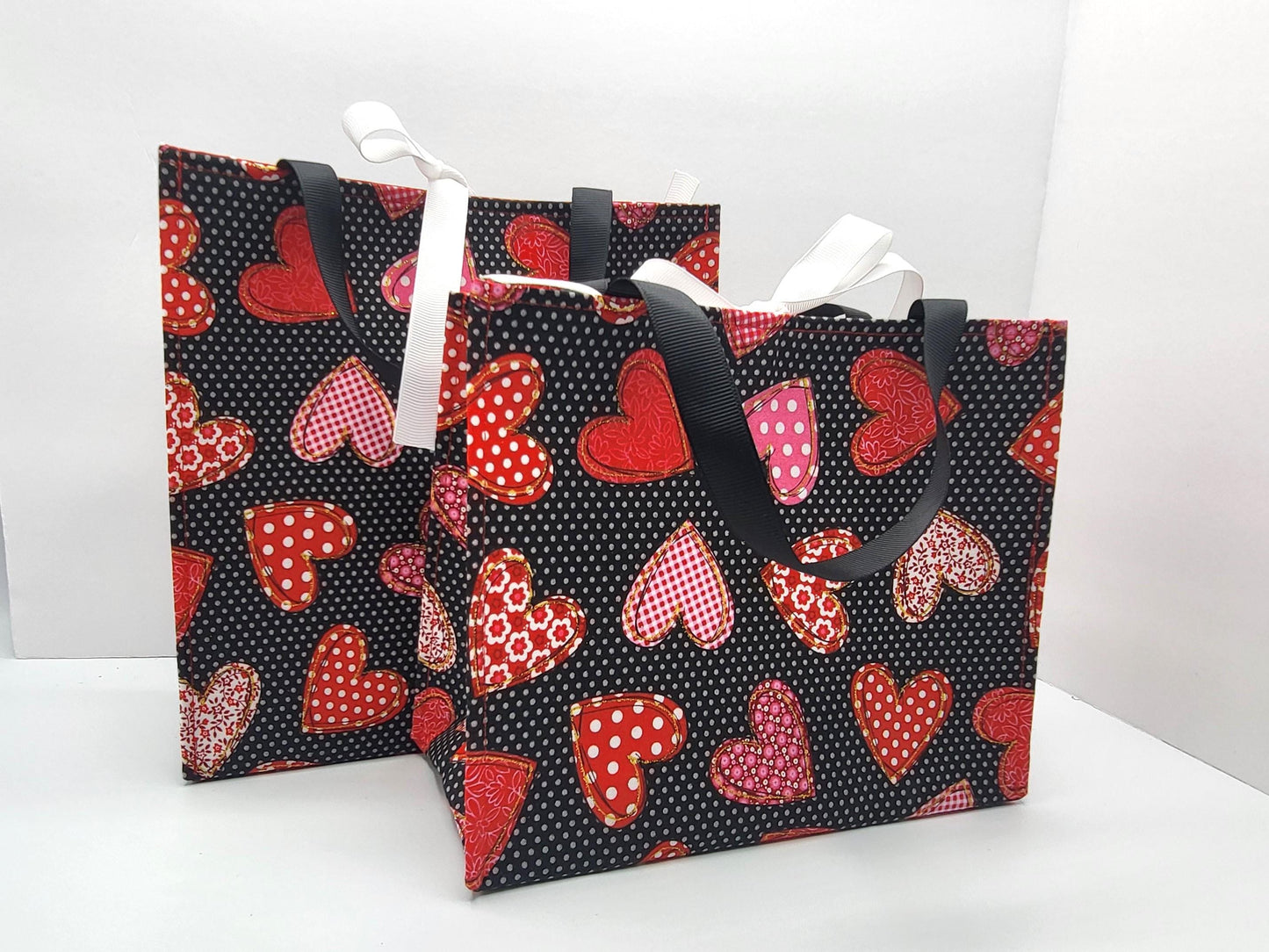 Small Reusable Fabric Valentine's Day Gift Bag with Ribbon tie and handles, Spotted Hearts