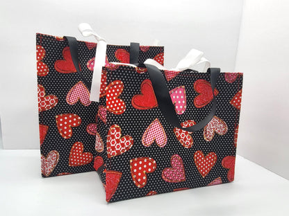 Small Reusable Fabric Valentine's Day Gift Bag with Ribbon tie and handles, Spotted Hearts