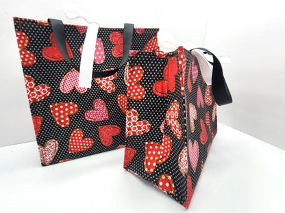 Small Reusable Fabric Valentine's Day Gift Bag with Ribbon tie and handles, Spotted Hearts