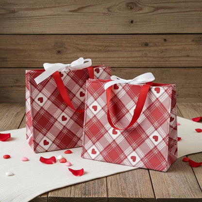 Small Reusable Fabric Valentine's Day Gift Bag with Ribbon tie and handles, Red/White Plaid