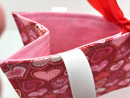 Small Reusable Fabric Valentine's Day Gift Bag with Ribbon tie and handles, Glitter Hearts