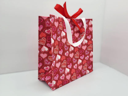 Small Reusable Fabric Valentine's Day Gift Bag with Ribbon tie and handles, Glitter Hearts