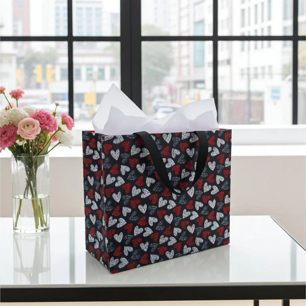 Small Reusable Fabric Valentine's Day Gift Bag with Ribbon tie and handles, Distressed Hearts - Handmade Reusable Fabric Gift Bag