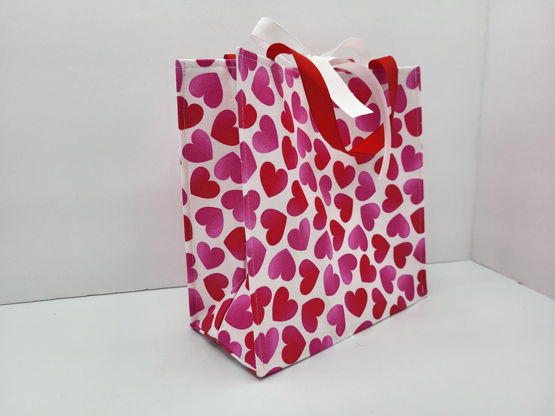 Small Reusable Fabric Valentine's Day Gift Bag with Ribbon tie and handles, Big Hearts