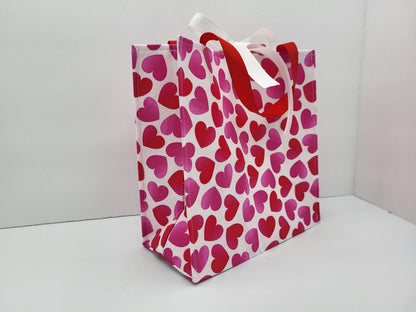 Small Reusable Fabric Valentine's Day Gift Bag with Ribbon tie and handles, Big Hearts