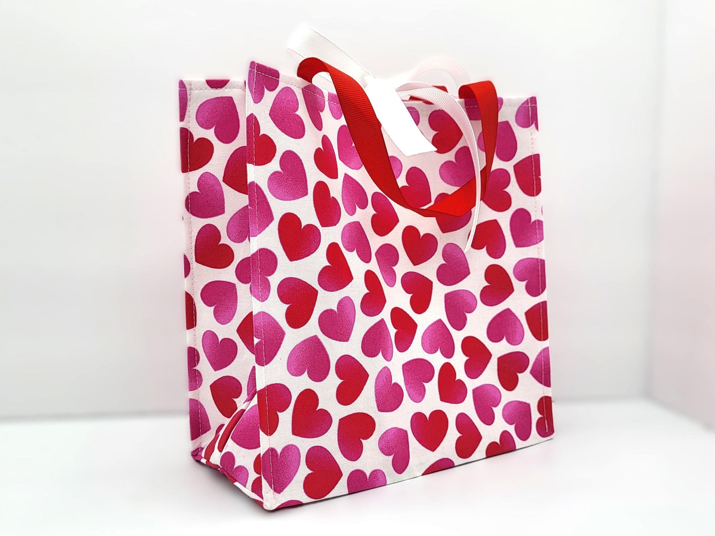 Small Reusable Fabric Valentine's Day Gift Bag with Ribbon tie and handles, Big Hearts