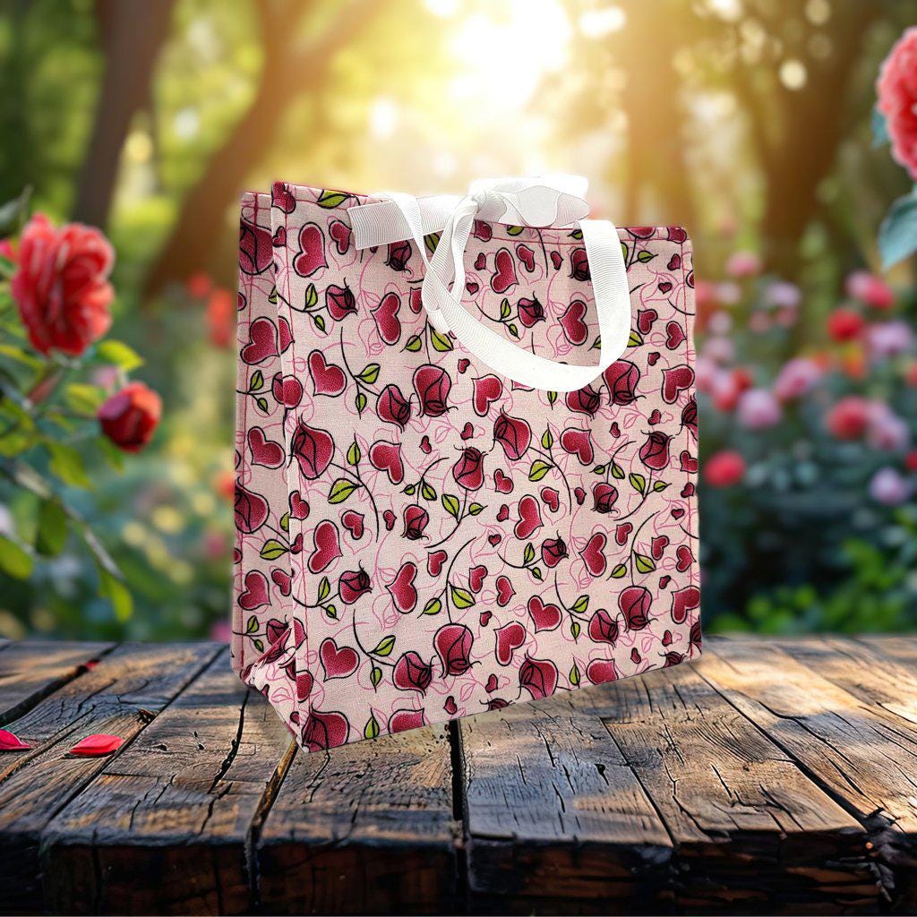 Small Reusable Fabric Valentine's Day Gift Bag with Ribbon tie and handles, Roses and Hearts