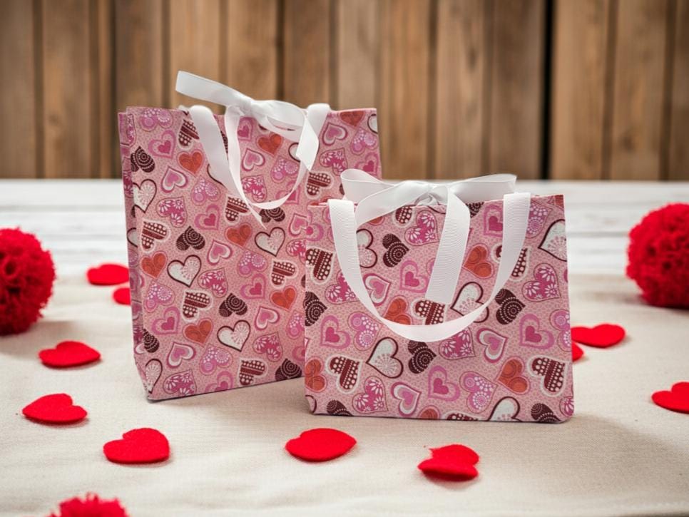 Small Reusable Fabric Valentine's Day Gift Bag with Ribbon tie and handles, Glitter Hearts, light