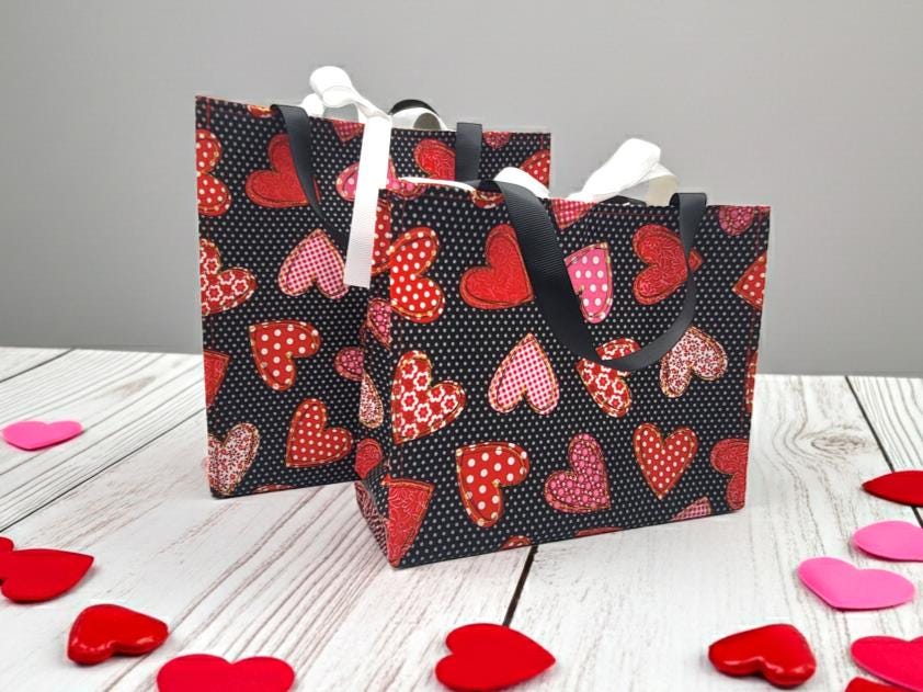 Small Reusable Fabric Valentine's Day Gift Bag with Ribbon tie and handles, Spotted Hearts