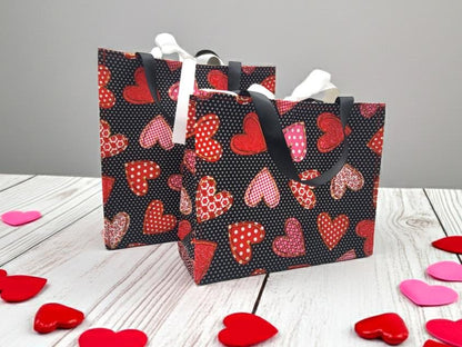 Small Reusable Fabric Valentine's Day Gift Bag with Ribbon tie and handles, Spotted Hearts