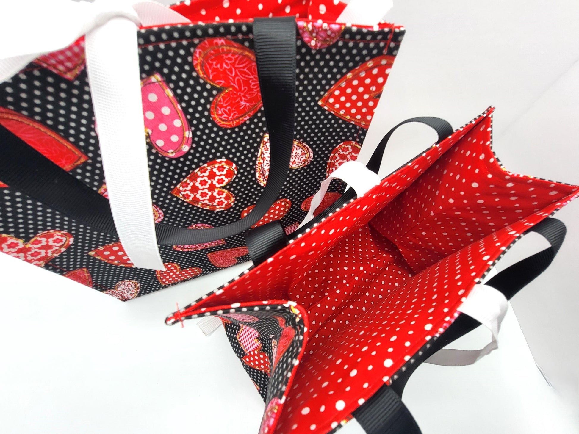 Small Reusable Fabric Valentine's Day Gift Bag with Ribbon tie and handles, Spotted Hearts