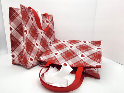 Small Reusable Fabric Valentine's Day Gift Bag with Ribbon tie and handles, Red/White Plaid