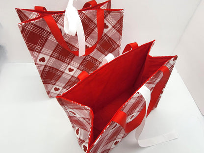 Small Reusable Fabric Valentine's Day Gift Bag with Ribbon tie and handles, Red/White Plaid