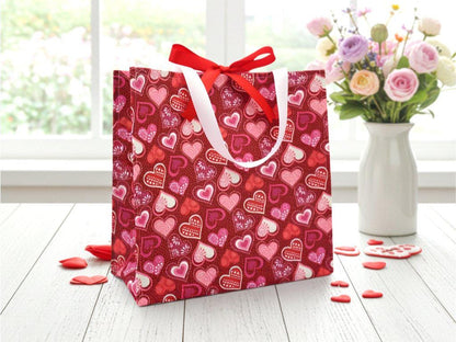 Small Reusable Fabric Valentine's Day Gift Bag with Ribbon tie and handles, Glitter Hearts