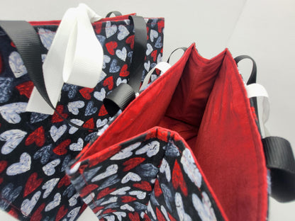 Small Reusable Fabric Valentine's Day Gift Bag with Ribbon tie and handles, Distressed Hearts - Handmade Reusable Fabric Gift Bag