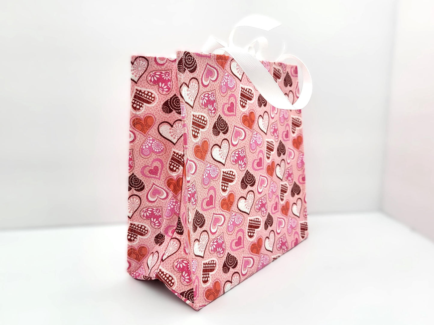 Small Reusable Fabric Valentine's Day Gift Bag with Ribbon tie and handles, Glitter Hearts, light