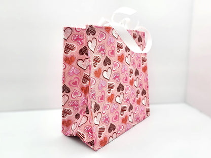 Small Reusable Fabric Valentine's Day Gift Bag with Ribbon tie and handles, Glitter Hearts, light